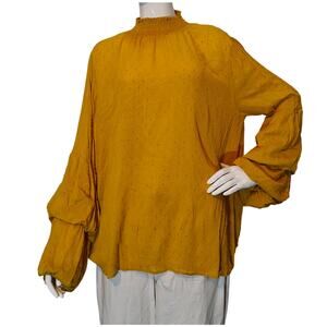 Easel Los Angeles Mustard Yellow Swiss Dot Smocked Neck Boho Blouse M